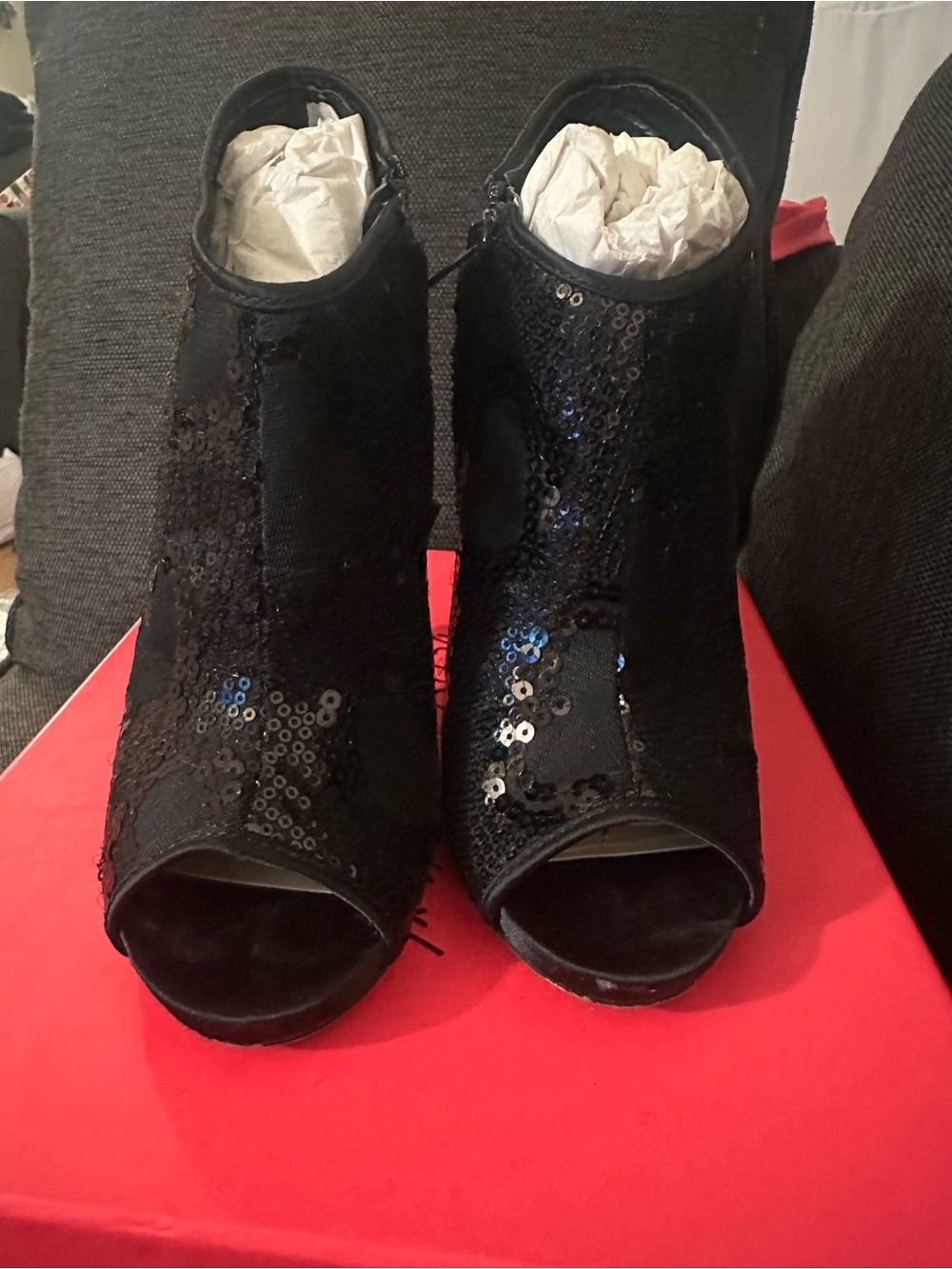 Betsey Johnson Black Sequin Peep-Toe Ankle Booties